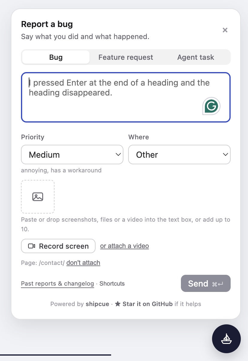 The shipcue panel: Bug, Feature request and Agent task tabs, priority, where, paste or drop screenshots, files or a video, screen recording, See the CueLog and Shortcuts links, and a Powered by shipcue line